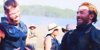 Chris Hemsworth e Chris Evans no set de Vingadores: Guerra Infinita