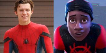 Tom Holland como Peter Parker ao lado de Miles Morales