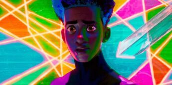 Miles Morales em fundo colorido de Aranhaverso