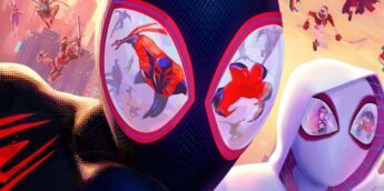 Miles Morales diante de Homens-Aranhas em Aranhaverso
