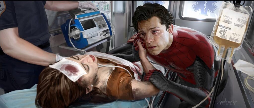 Peter Parker acompanhado May em ambulância