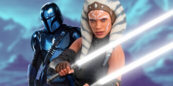 Ahsoka com sabre duplo e Mandalorian