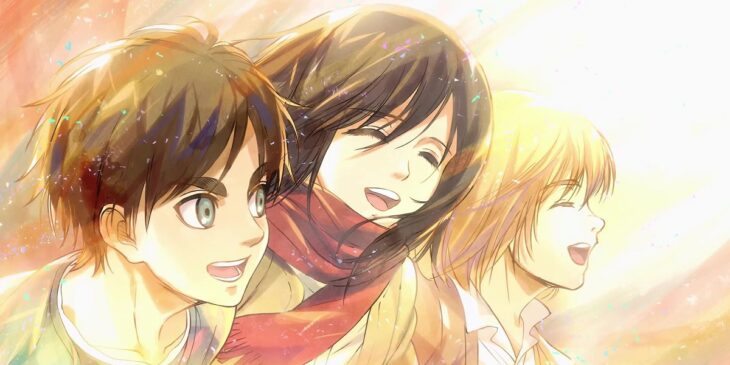 Eren, Armin e Mikasa em Attack on Titan