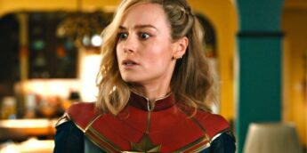 Brie Larson com expressão surpresa em As Marvels