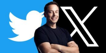 Elon Musk sob logos do Twitter e X