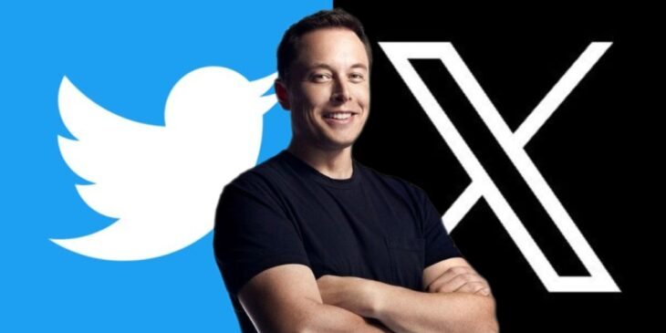 Elon Musk sob logos do Twitter e X