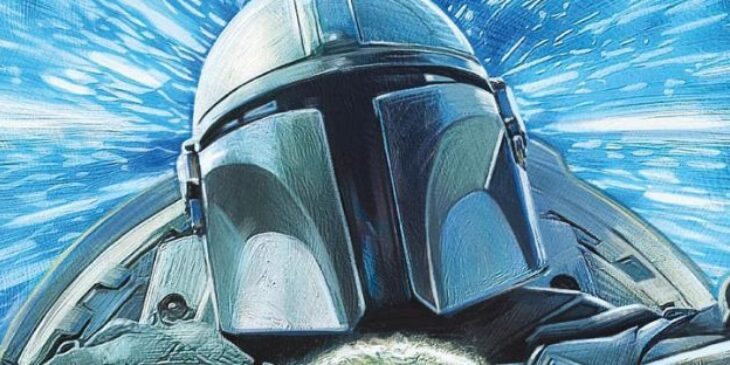Mandalorian viajando na velocidade da luz, com Grogu