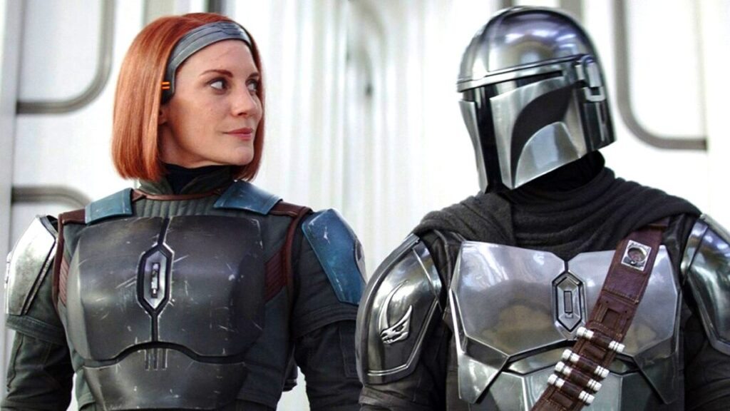 Bo-Katan e Din Djarin em The Mandalorian