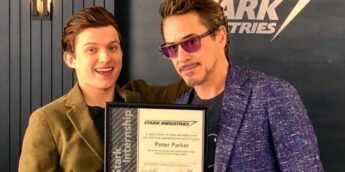 Robert Downey Jr e Tom Holland em bastidores da Marvel