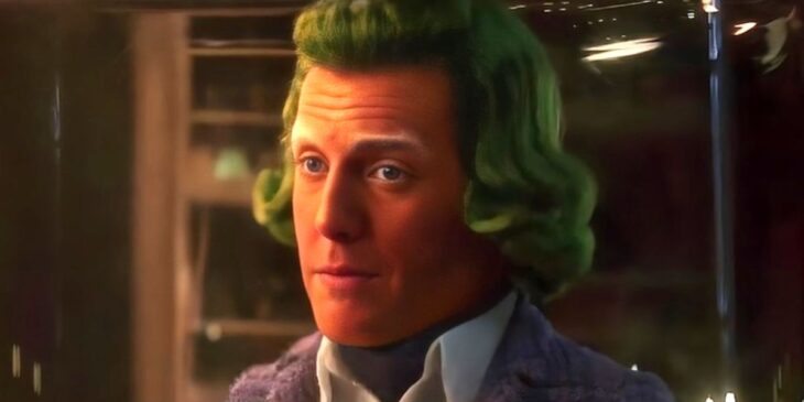 Hugh Grant caracterizado como Oompa Loompa em Wonka