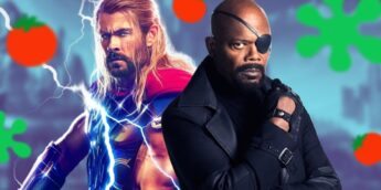 Thor e Nick Fury, da Marvel Studios, com logos do Rotten Tomatoes