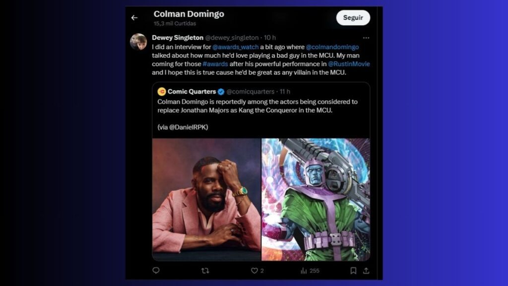 Colman Domingo curtindo tweet sobre Kang, da Marvel