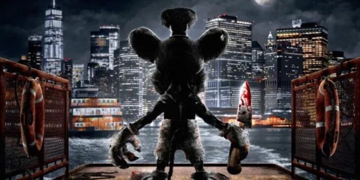 Mickey macabro diante de cidade
