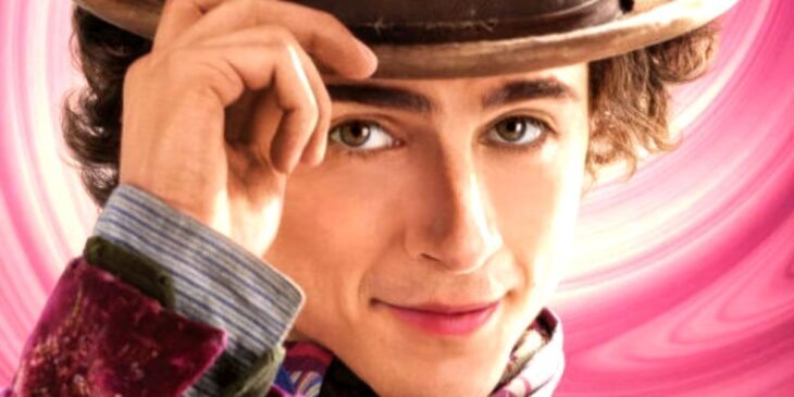 Timothée Chalamet caracterizado em Wonka