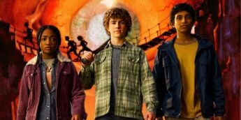 Trio de Percy Jackson diante de arte referenciando 2ª temporada