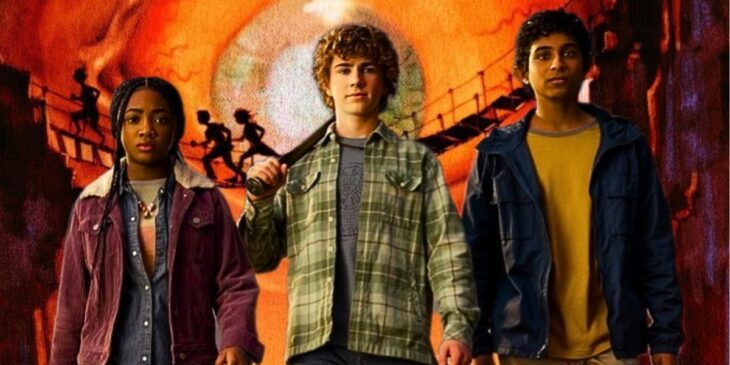 Trio de Percy Jackson diante de arte referenciando 2ª temporada