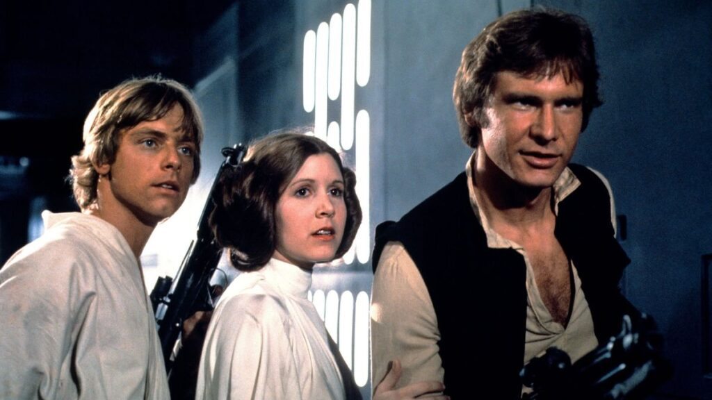 Luke, Leia e Han, em Star Wars Uma Nova Esperança