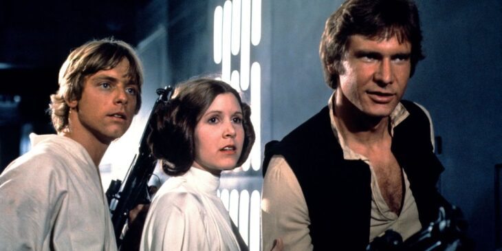 Luke, Leia e Han, em Star Wars Uma Nova Esperança