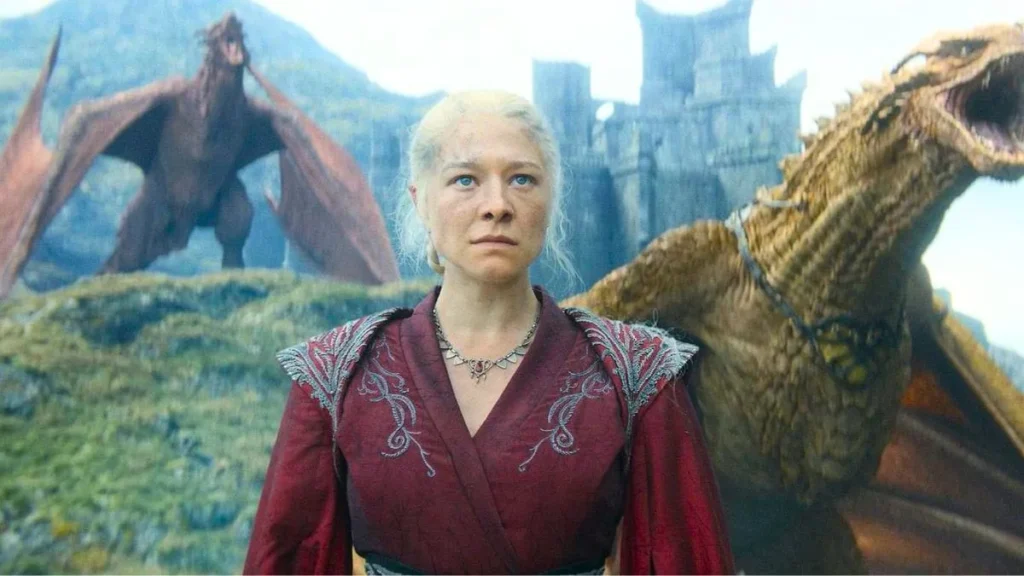 Rhaenyra e dragões em A Casa do Dragão