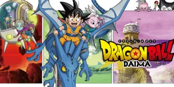 Goku (Mini) e Kaioh (Mini) sobrevoando o Reino dos Demônios em arte promocional de Dragon Ball Daima