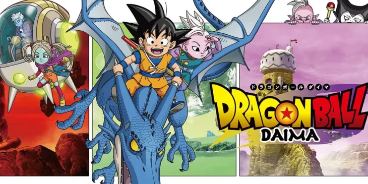 Goku (Mini) e Kaioh (Mini) sobrevoando o Reino dos Demônios em arte promocional de Dragon Ball Daima