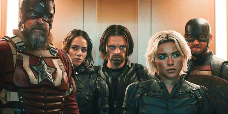 Sebastian Stan e elenco de Thunderbolts* em elevador