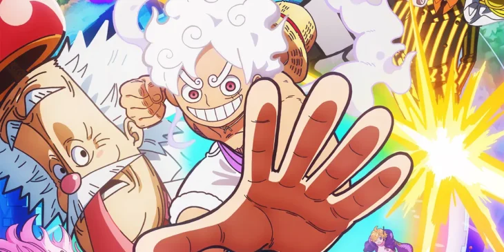 Luffy no modo Gear 5 no pôster oficial da Parte 2 do Arco Egghead de One Piece