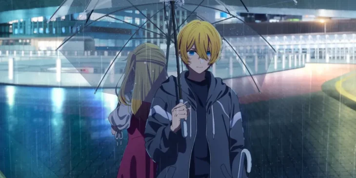 Aqua segurando guarda-chuva em arte promocional oficial da 3ª temporada de Oshi no Ko