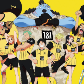 Chapéus de Palha, de One Piece, vestidos com o uniforme do Borussia Dortmund