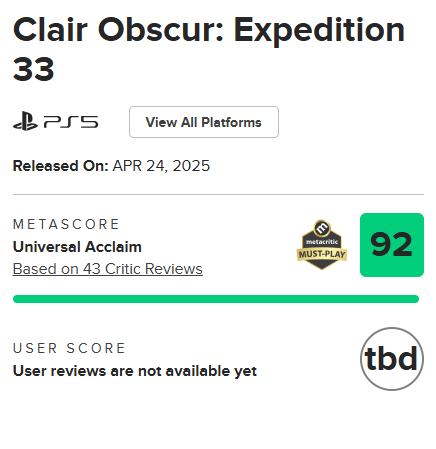 Clair Obscur Expedition 33 no Metacritic
