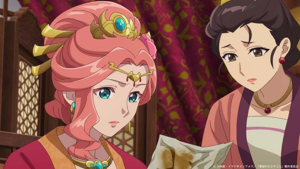 Gyokuyou lê mensagem em cena do Episódio 41 de Diários de uma Apotecária