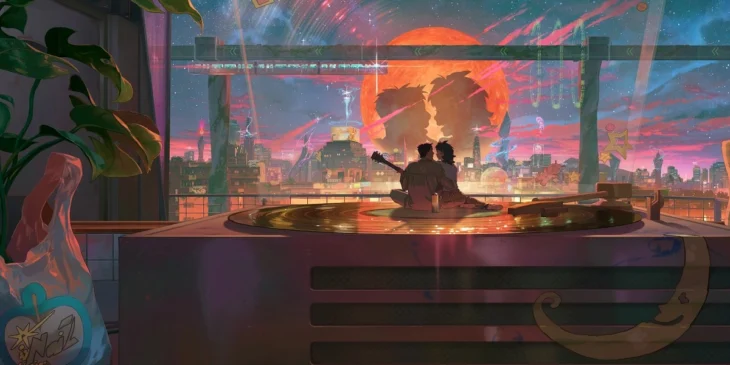 Protagonistas de Separados pelas Estrelas em cenário retro-cyberpunk