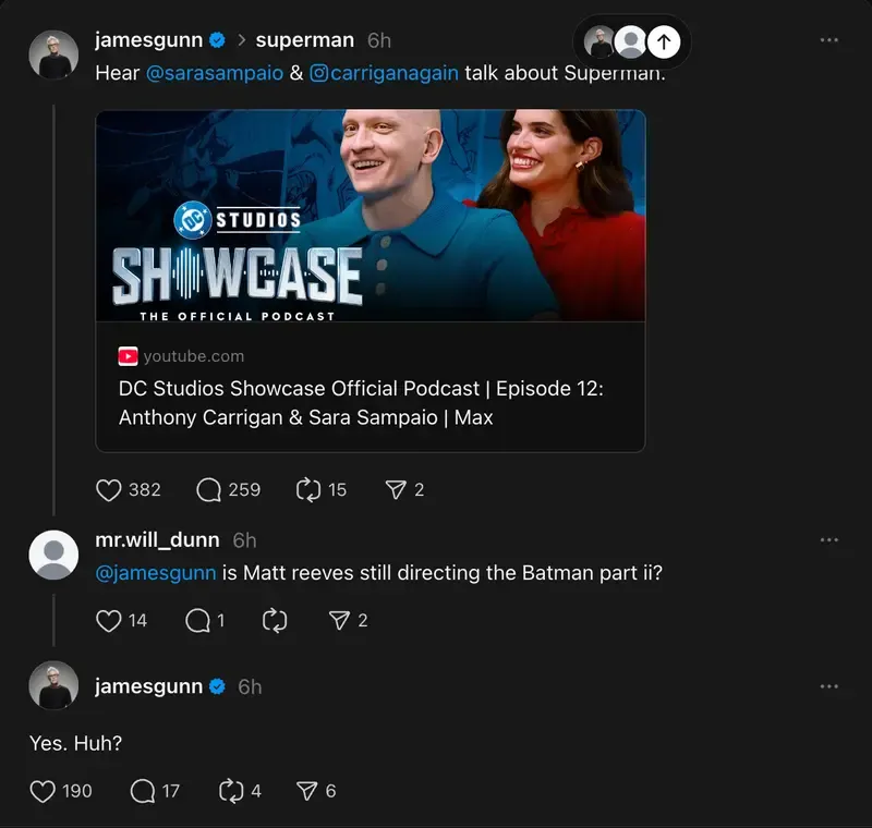 James Gunn respondendo fã no Threads