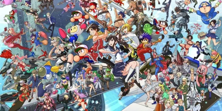Personagens de jogos da Konami reunidos em banner do 50º aniversário do grupo