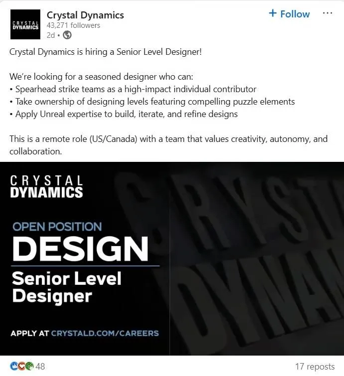 Vaga de emprego na Crystal Dynamics