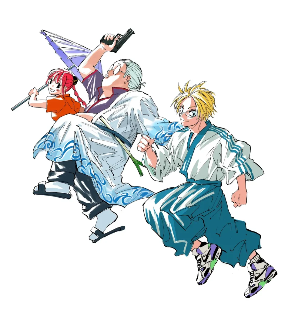 Ilustração mostrando trio de protagonistas de Sakamoto Days vestidos como personagens de Gintama