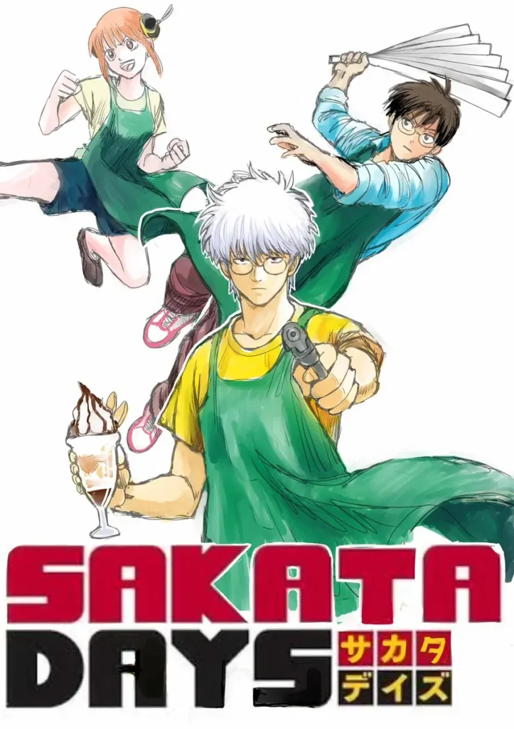 Ilustração mostrando o trio de protagonistas de Gintama vestidos como personagens de Sakamoto Days