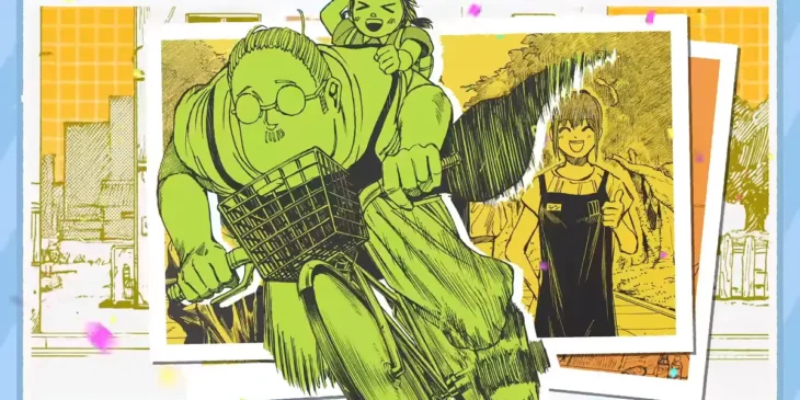 Sr. Sakamoto andando de bicicleta com sua filha em vídeo promocional do mangá Sakamoto Days