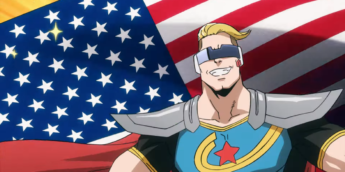 Captain Celebrity sorrindo em frente a bandeira dos EUA em cena do Episódio 8 de My Hero Academia: Vigilantes