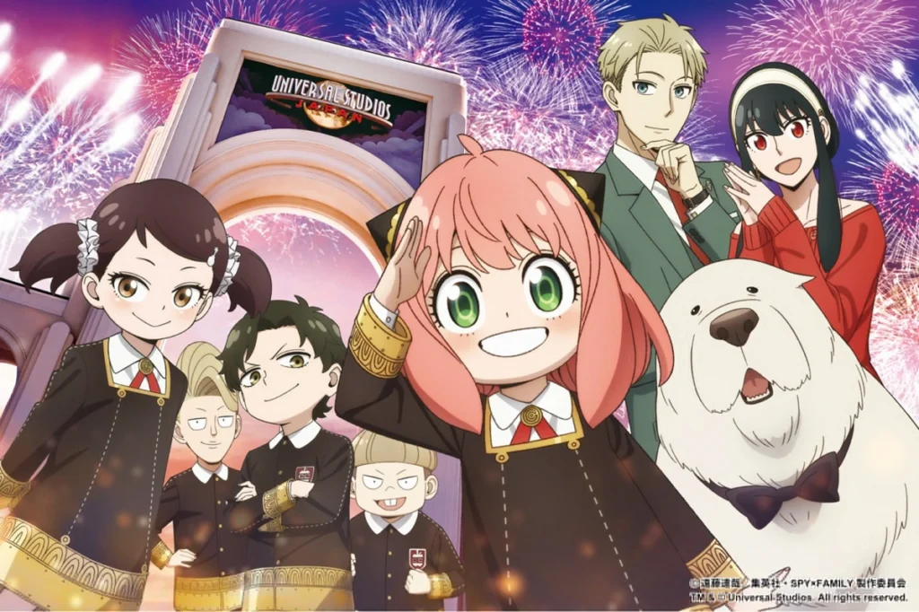 A família Forger e estudantes da Eden Academy em arte promocional de SPY x FAMILY no Universal Studios Japan