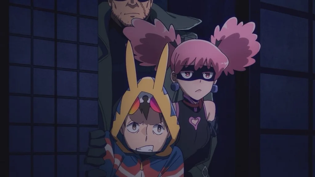 Koichi, Pop e Knuckleduster assistindo ao Captain Celebrity em cena do Episódio 8 de My Hero Academia: Vigilantes