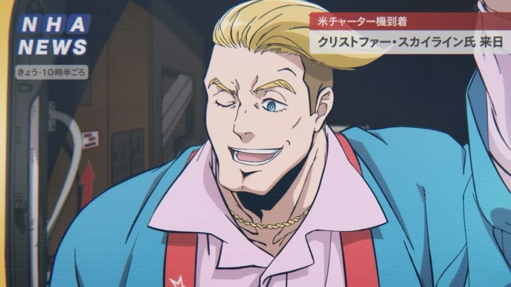 Captain Celebrity no noticiário em cena do Episódio 8 de My Hero Academia: Vigilantes