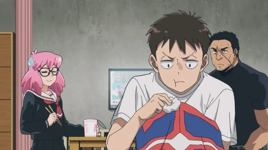 Koichi, Pop e Knuckleduster jantando em cena do Episódio 8 de My Hero Academia: Vigilantes