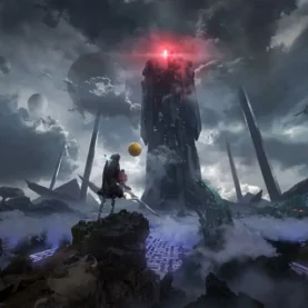 Espadachim Nº 8 e PUCK no planeta misterioso em imagem promocional de Shadow Labyrinth