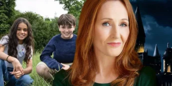 J.K. Rowling e trio principal da série de Harry Potter