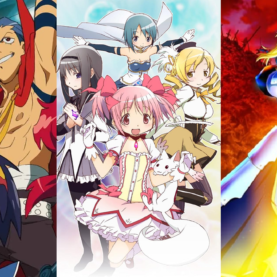 Montagem com cartazes de Tengen Toppa Gurren Lagann, Puella Magi Madoka Magica e Fate/Zero