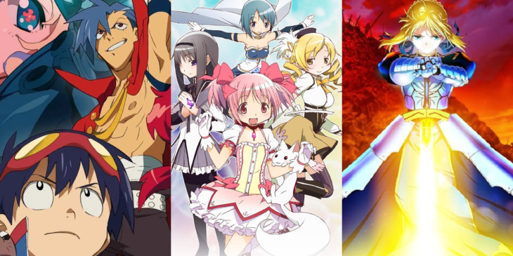 Montagem com cartazes de Tengen Toppa Gurren Lagann, Puella Magi Madoka Magica e Fate/Zero