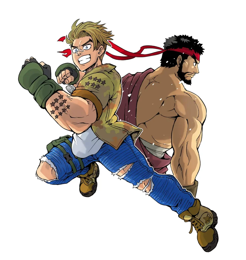 Arte promocional destacando protagonistas do mangá Street Fighter Luke Rising