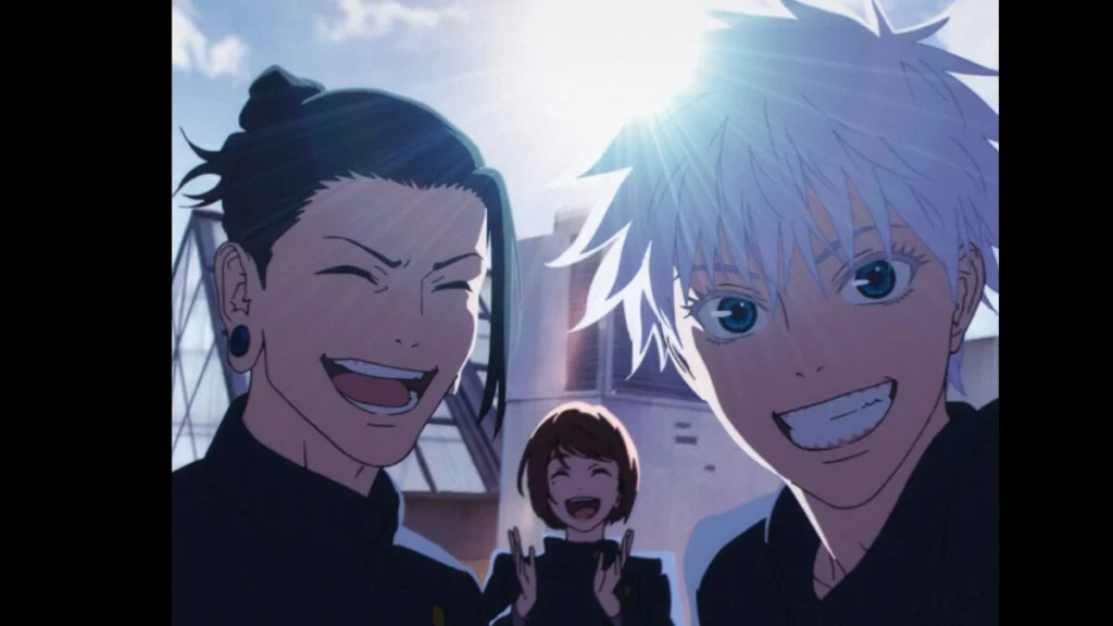 Satoru Gojo, Suguru Geto e Shoko Ieiri em ilustração para a nova sequência de encerramento do filme compilatório de Jujutsu Kaisen: Arco Inventário Oculto/Morte Prematura