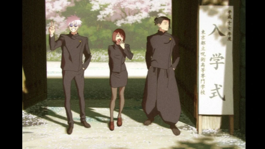 Satoru Gojo, Suguru Geto e Shoko Ieiri em ilustração para a nova sequência de encerramento do filme compilatório de Jujutsu Kaisen: Arco Inventário Oculto/Morte Prematura